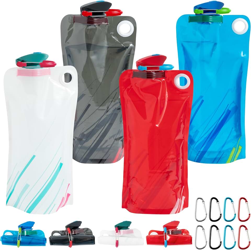 4 Pack Collapsible Foldable Water Bottles, 34oz Leakproof | BPA-Free Reusable Bottles, 8 Metal Carabiners Included, Rollable &amp; Crushproof for Travel, Hiking, Camping, Biking