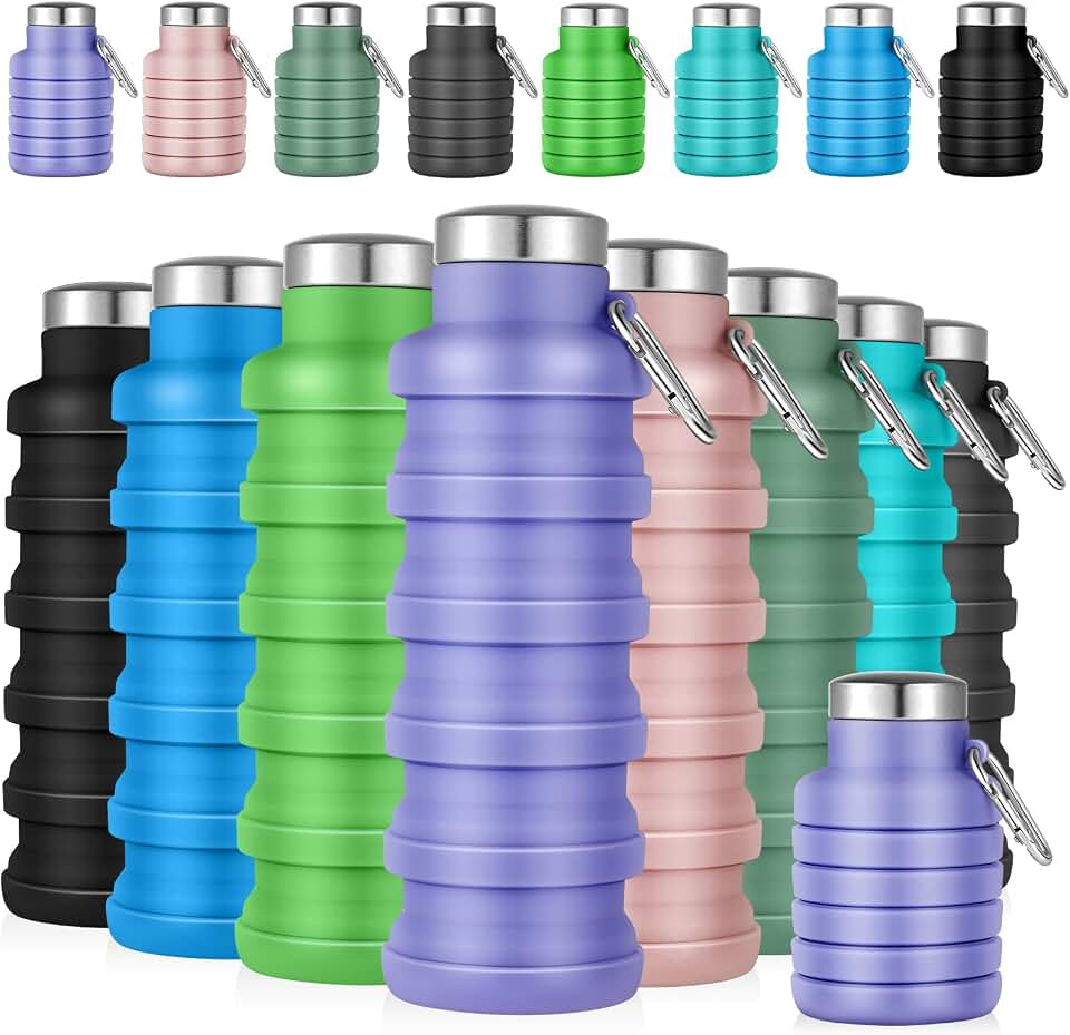 Lallisa 8 Pcs Collapsible Water Bottles Bulk, Reusable, Fresh Colors | Foldable Silicone with Carabiner Clip, 17 oz Portable for Travel Gym Camping Hiking Outdoors, Leak Proof Sports