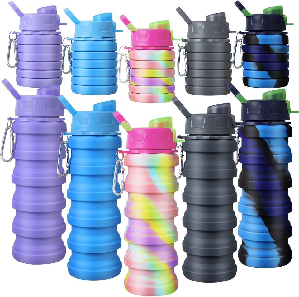 CHENGU 5 Pcs Collapsible Water Bottles for Travel 16 oz Silicone, Colorful | Leak Proof &amp; Portable, Reusable Foldable Water Bottles Bulk, with Metal Clip, for Camping Hiking Sports