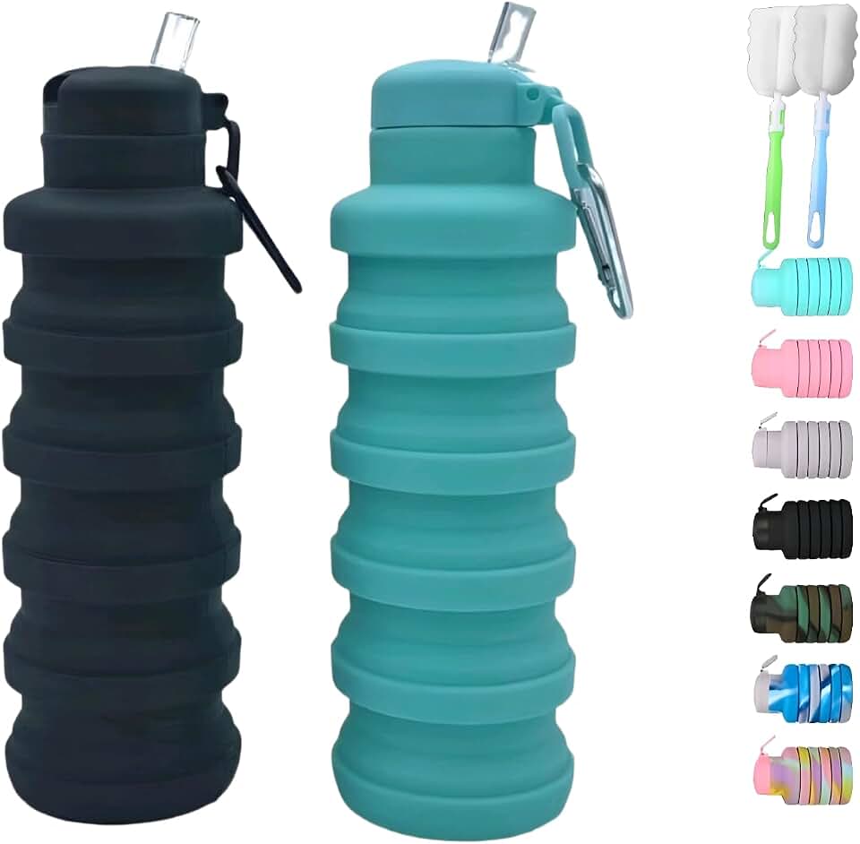 Collapsible water bottles 2 Pack with brush 500ml (Black+Aqua blue) | BPA Free Travel Silicone Water Bottle with Carabiner,Reusable Foldable Portable Sports bottles for Gym Camping Hiking