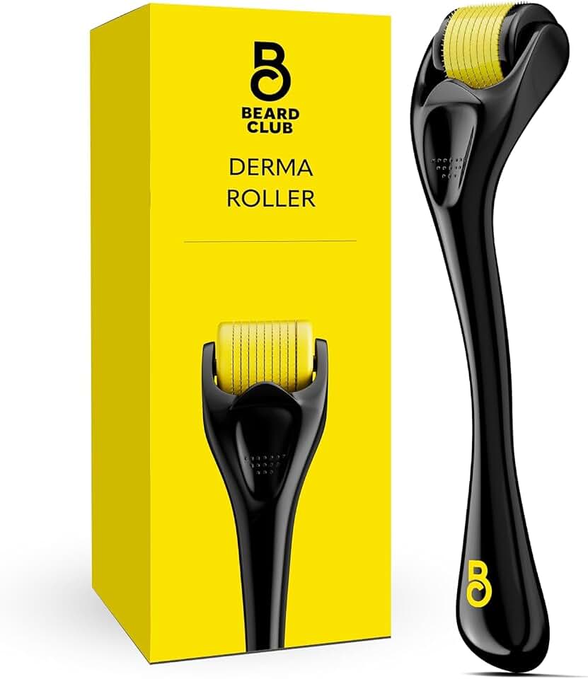 The Beard Club Derma Roller for Face, Body and Scalp - Microneedling for Men and Women with 540 Titanium Microneedles - Beard Roller &amp; Micro Needling Scalp Hair - Black &amp; Yellow