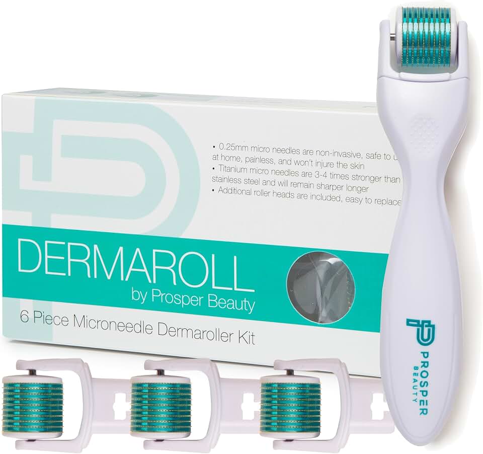 Derma Roller Microneedle 6 Piece Kit [DERMAROLL by Prosper Beauty] Face Roller with 4 Replaceable Heads Exfoliation Microdermabrasion Micro Derma Skin Care Tool Dermaplaning Microneedling