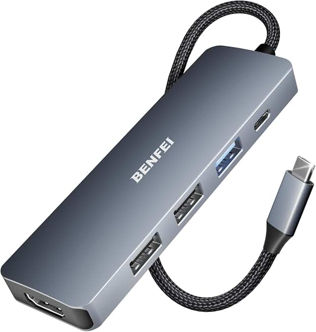 BENFEI USB C Hub 5-in-1 with 4K HDMI(Certified), 100W Power Delivery, 3 USB-A, Silicone Cable, Aluminum Case Compatible with MacBook Pro/Air, iPad Pro, iMac, iPhone 15 Pro/Pro Max, XPS, Thinkpad