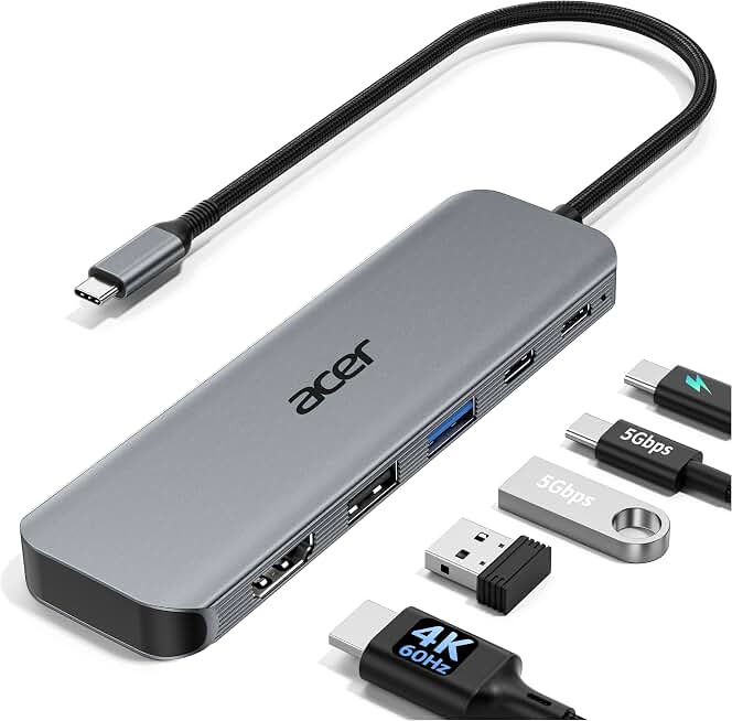 Acer USB C Hub, 5-in-1 USBC to HDMI Adapter with 4K@60Hz for Laptop/Mac | USBC Splitter Docking Station with HDMI 2.0, 100W PD, USB-C, USB-A 3.0 &amp; USB-A 2.0 Data Ports for iPad Pro, iPhone 17 Pro Max Recycled Claim Standard 100