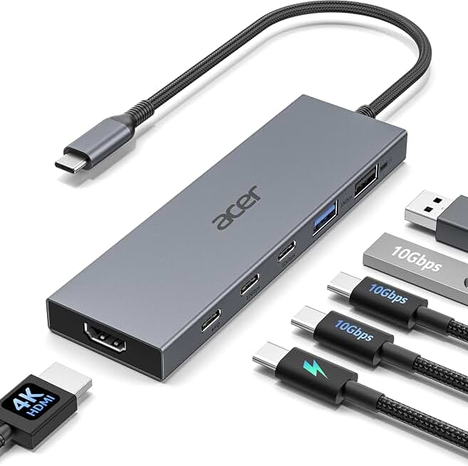 Acer 6-in-1 USB C Hub 10Gbps, USB C to HDMI Adapter 4K@60Hz | 2*USB-C 3.2, 1*USB A 3.2, 1*USB 2.0 Data, 100W PD Port, Type C Multiport Splitter for Laptop/ MacBook Neo/Air/Pro, iPad Pro Recycled Claim Standard 100
