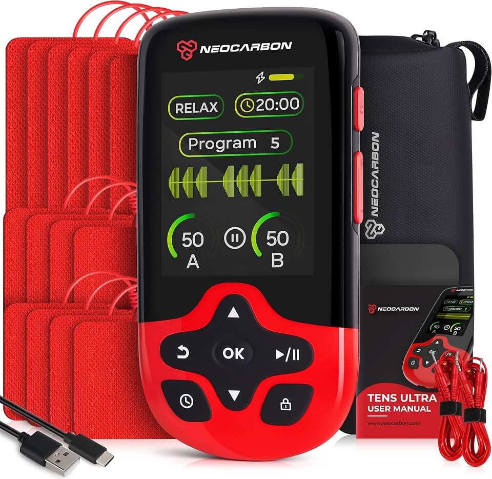 NEOCARBON TENS Unit Muscle Stimulator Ultra for Pain Relief, Red | Pain Relief &amp; Muscle Recovery, PMS Steady Mode, Ultra Performance &amp; Color Screen, Dual Channel &amp; Accessories Kit