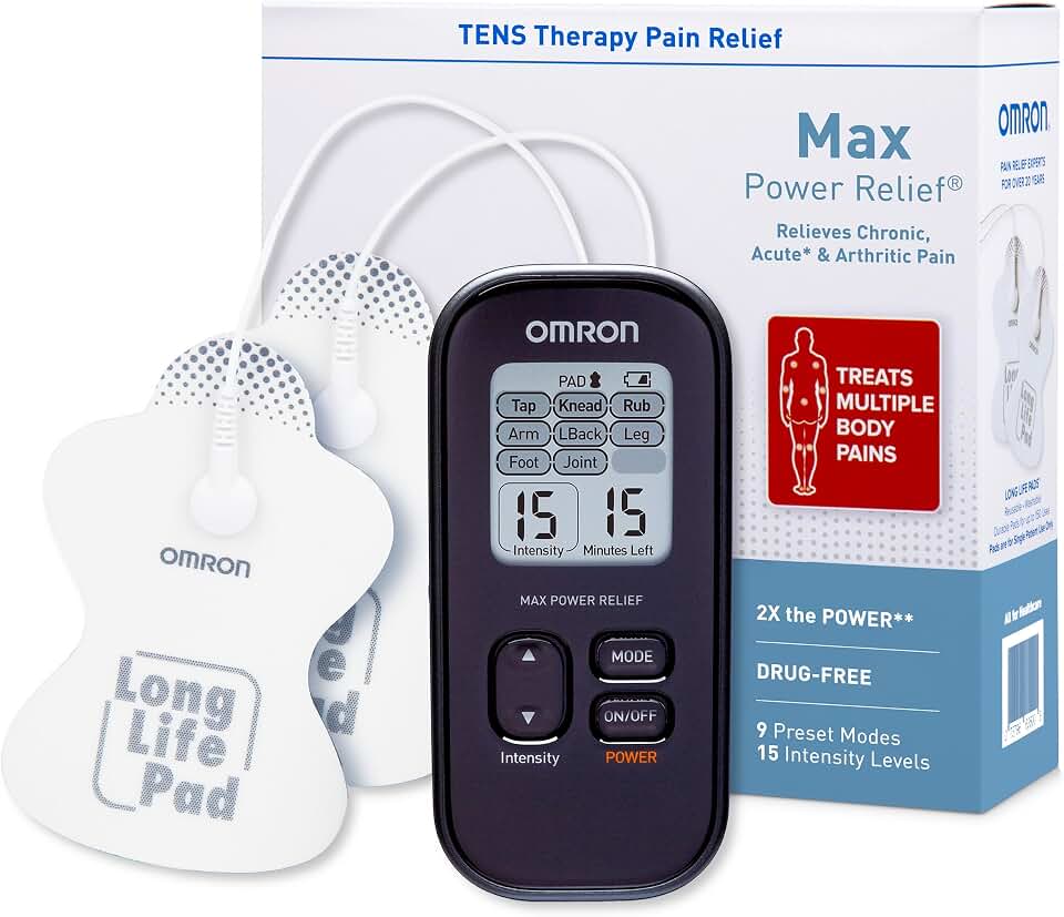 Omron Max Power Relief TENS Unit Muscle Stimulator | For Drug-Free Pain Relief - Portable Electric Massager for Muscles and Joints - Includes 2 Reusable TENS Unit Pads