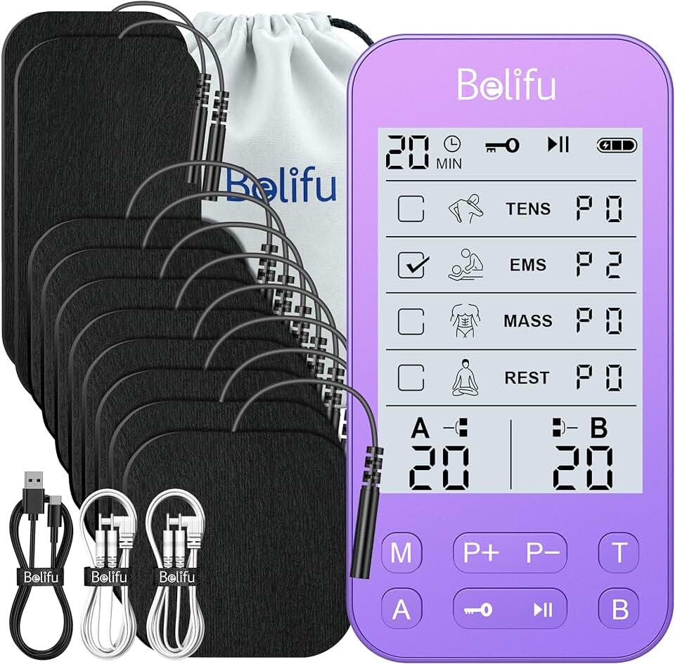 Belifu TENS Muscle Stimulator Unit for Pain Relief, Electronic Pulse Therapy Machine with 36 Mode 20 Intensities, Rechargeable &amp; Portable – Neck, Back, Shoulder, Joint Pain Relief, Color Purple