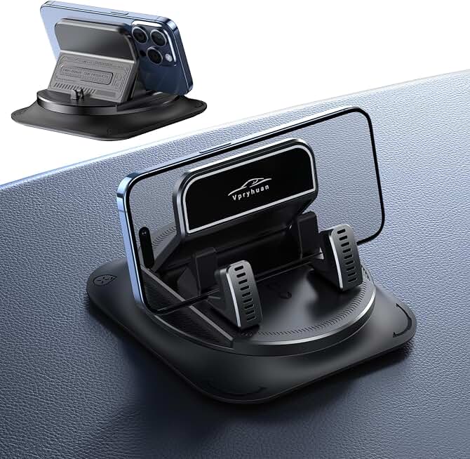 360 Degree Rotation Dashboard Phone Holder for Car, Anti-Slip Grips &amp; One-Hand Operation Car Cell Phone Mount with Adjustable Spring Clip, Compatible with iPhone Samsung All Smartphones