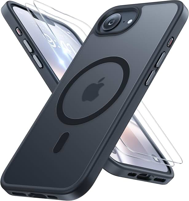 miracase for iPhone 16e case &amp; iPhone 17e Case for MagSafe [with 2×9H+ Screen Protectors] TOP Military-Grade Protection Shockproof with Velvet Touch for iPhone 16e/17e Phone Case 6.1", Matte Black Global Recycled Standard