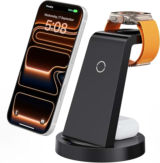 Anlmz 3 in 1 Charging Station - Wireless Charger for Apple Multiple Devices | Fast Charge Stand for iPhone 17-8 iWatch Airpods 4 3 Pro No Tangled Cables Ideal for Desk Bedside with 18W Adapter Black Global Recycled Standard