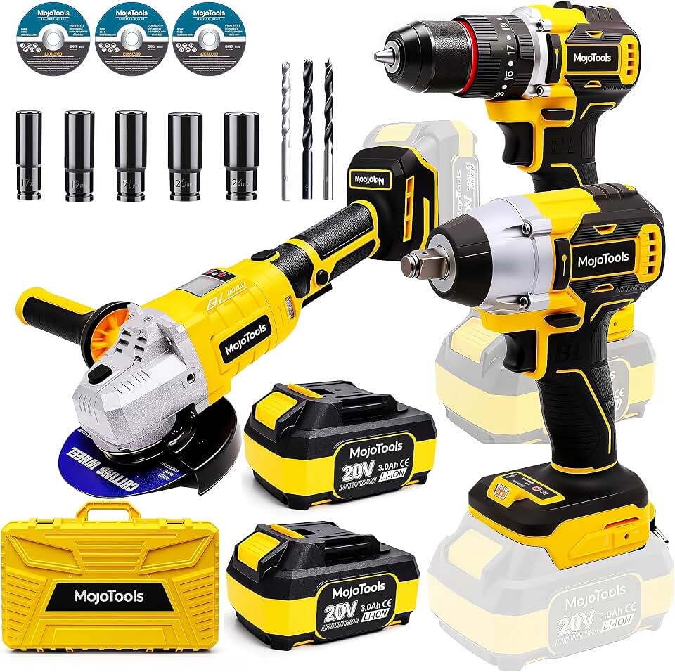 Brushless Cordless Power Tool Combo Kit for Heavy DIY &amp; Semi-Professional Use – 50Nm Drill Driver, 380Nm Impact Wrench, 5" Angle Grinder LCD, 2×3000mAh Batteries, Carry Case &amp;&amp;Accessories