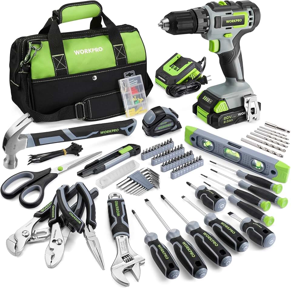 WORKPRO Home Tool Set with 20V Cordless Drill, Household Repairing Tool Kit | Green Home tool kit with Power drill Set, DIY Electric Screwdriver Set, Home Repair &amp; Gifts, 14" Storage Tool Bag, 157PCS