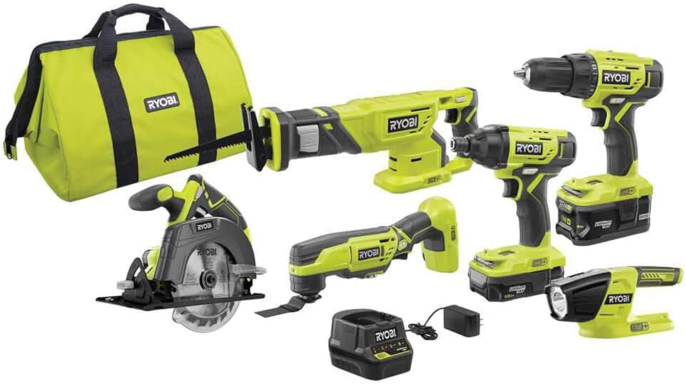 RYOBI P1819 18V One+ Lithium Ion Combo Kit (6 Tools: Drill/Driver, Impact Driver, Reciprocating Saw, Circular Saw, Multi-Tool, LED Worklight, 4.0 Ah &amp; 1.5 Ah Battery, Charger, Bag)