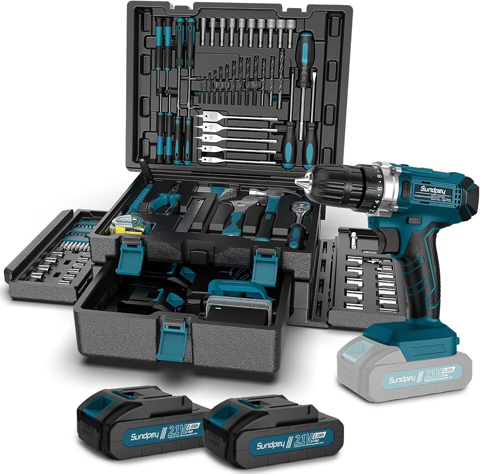 Sundpey 255-PC Portable Home and Auto Tool Kit Set with 21V Cordless Drill | with Drawer Storage Case, 2x2.0Ah Batteries,Mechanic Set, for Handyman &amp; Men Women, for Household House Garage Apartment Dorm
