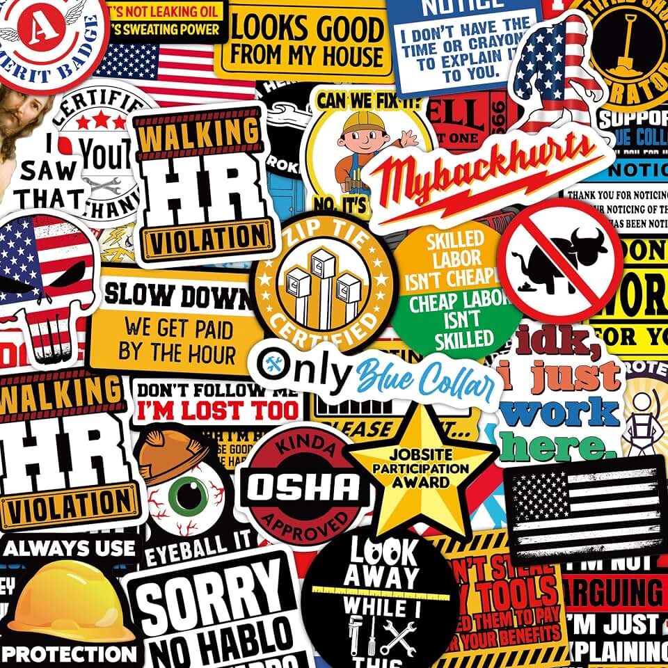 306 PCS Funny Hard Hat Sticker Pack for Adults - Waterproof Vinyl for Welding Helmet, Tool Box, Construction, Electrician, Mechanic Tools - Blue Collar Accessories