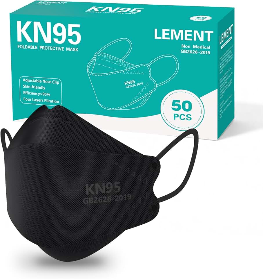 LEMENT KN95 Face Masks,50 PCS Breathable Black Dust Mask For Adult,Teenager | Filter Efficiency≥95%, Comfortable Soft Elastic Ear Loops, Adjustable Nose Bridge Clip, Disposable Safety Masks OEKO-TEX STANDARD 100