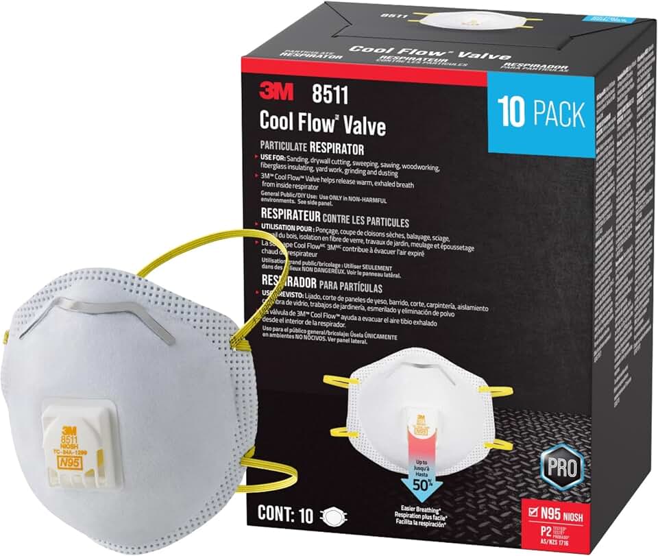 3M All-In-One Respirator, Best for Sanding, Fiberglass, Drywall, Painting, N95, Exhalation Valve Helps Direct Exhaled Air Downward, Relief From Dusts And Certain Particles, 10-Pack