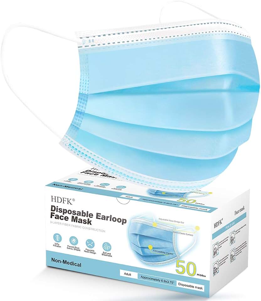 HDFK Face Mask Disposable Adults 3Ply Non-Woven with Nose Clip Blue 50Pack | Dust Ear Loop Adjustable Bridge Breathing Bulk Men Women Filter Protection Breathable