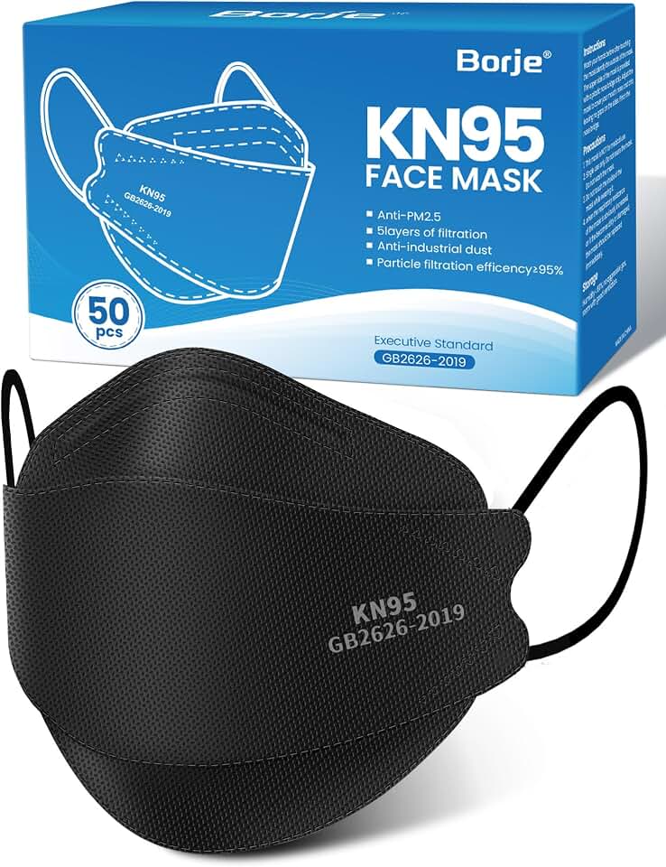 Borje KN95 Face Masks for Adults 50 Pack,5-Ply Black Disposable Face Mask Against PM 2.5 Smoke &amp; Dust, Filtration Efficiency 95%