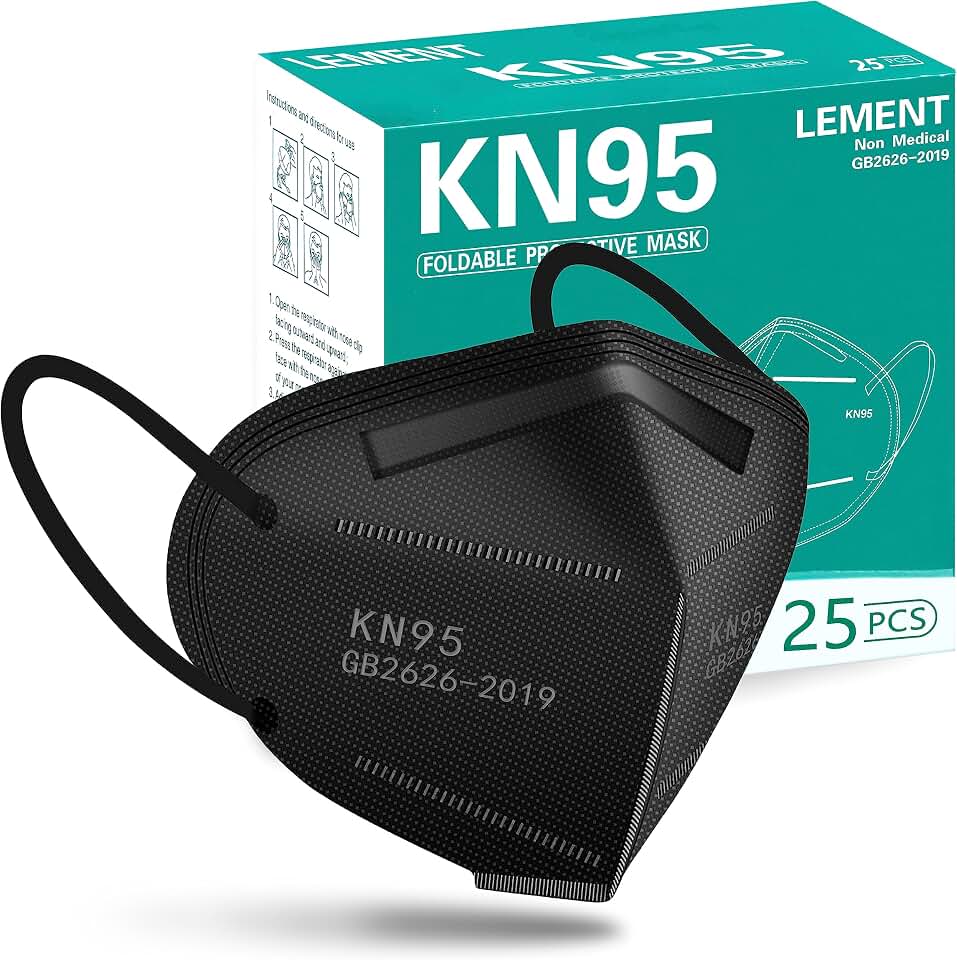 LEMENT KN95 Face Mask, 5-Ply Cup Dust Safety Masks Filter Efficiency≥95% | Comfortable Elastic Ear Loops, Adjustable Nose Clip, 25 Pcs Black Breathable Mask For Adult,Teenager OEKO-TEX STANDARD 100