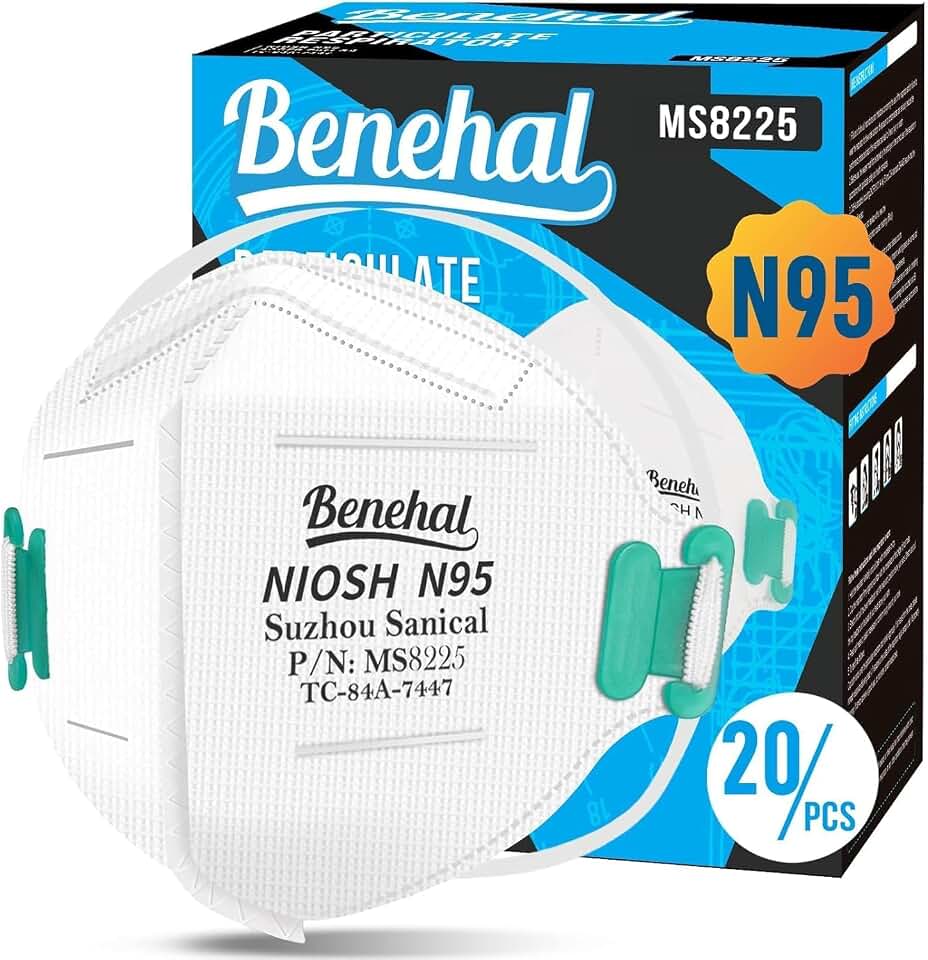 benehal N95 Masks for Adults, NIOSH Approved Disposable Mask, White 20-Pack | Adjustable Headstraps, Individually Wrapped, Adjustable Nose Clip, 5-Ply Particulate Respirators N95 Mask, Glasses-friendly ClimeCo Certified