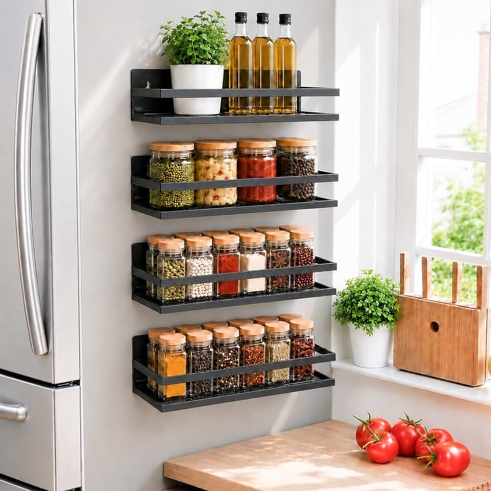 SMRCAD 4 Pack Metal Magnetic Spice Rack for Fridge – Heavy-Duty | Iron Construction, Rust-Resistant, Dust-Resistant, Fits Condiment Bottles, Includes Screws for Optional Wall Mount Global Recycled Standard