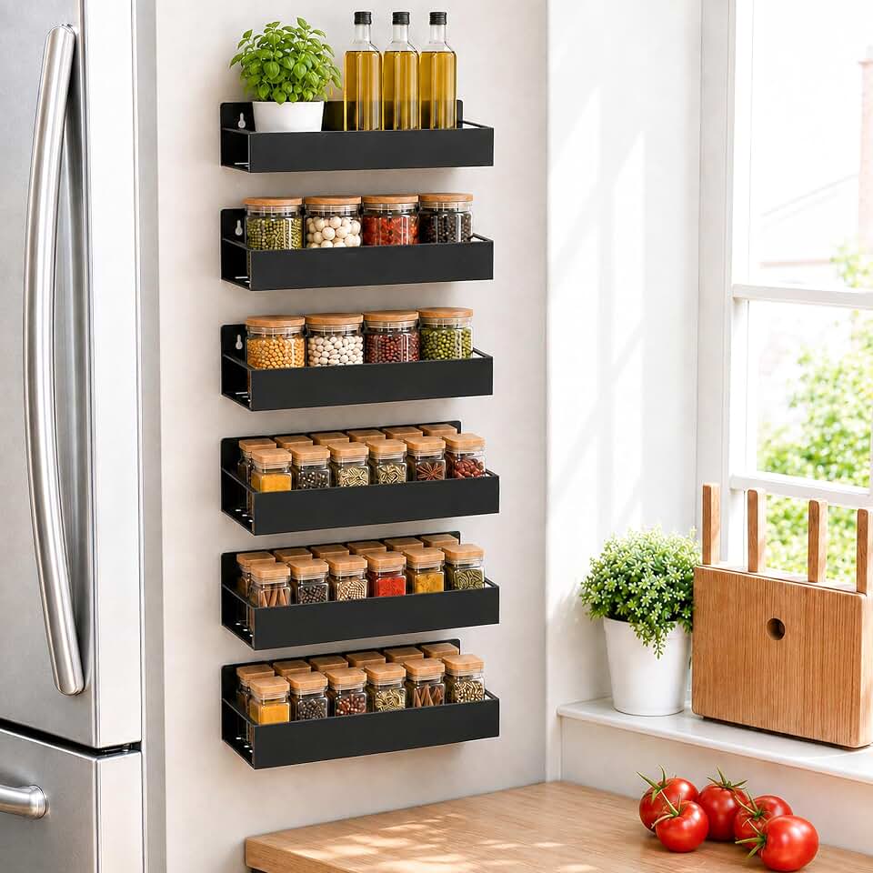 SMRCAD 6 Pack Metal Magnetic Spice Rack for fridge, Heavy Duty | Iron + Magnet | Holds 9 lbs per shelf | Full-back magnets | Screws included | Climate Pledge Friendly Global Recycled Standard