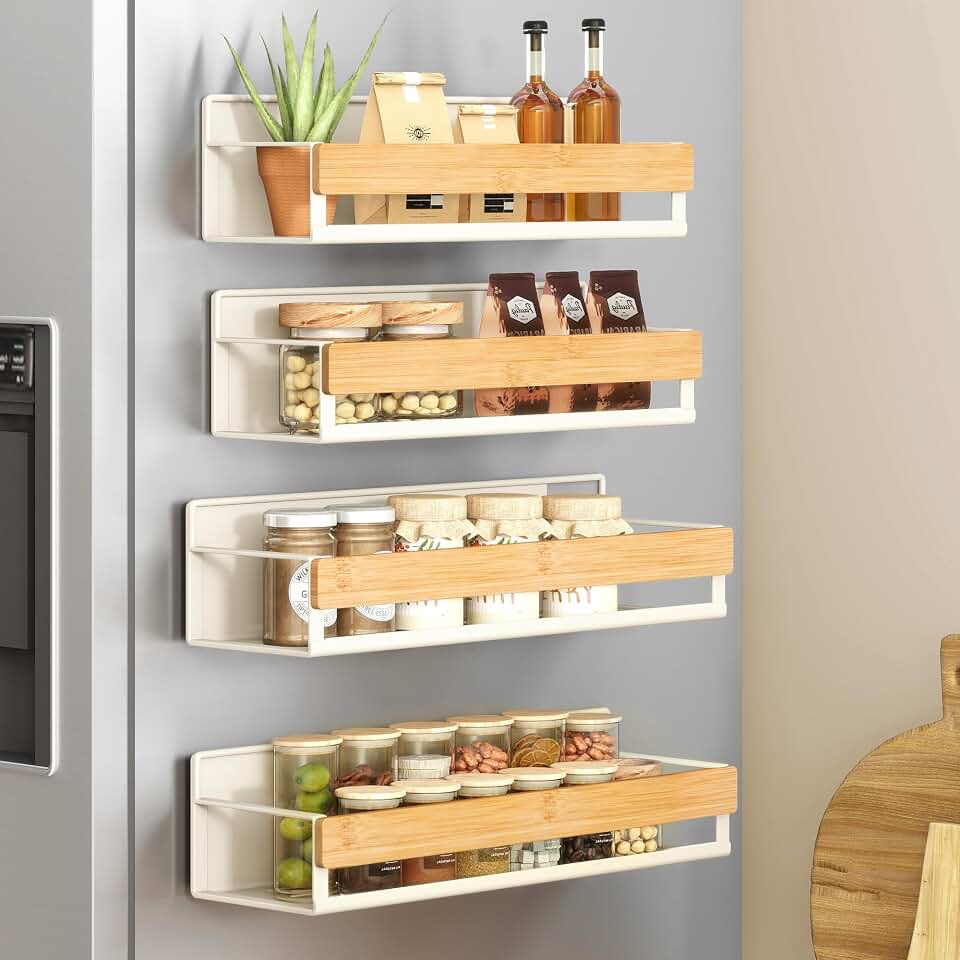 SONGMICS 4-Pack Strong Magnetic Real Bamboo Spice Racks for Fridge | Kitchen Organizer Shelf, 11.8 x 4.1 x 3 / 10.6 x 3.6 x 3 in, Cream White and Light Bamboo, BYSTRO Collection, UKCS062WD01
