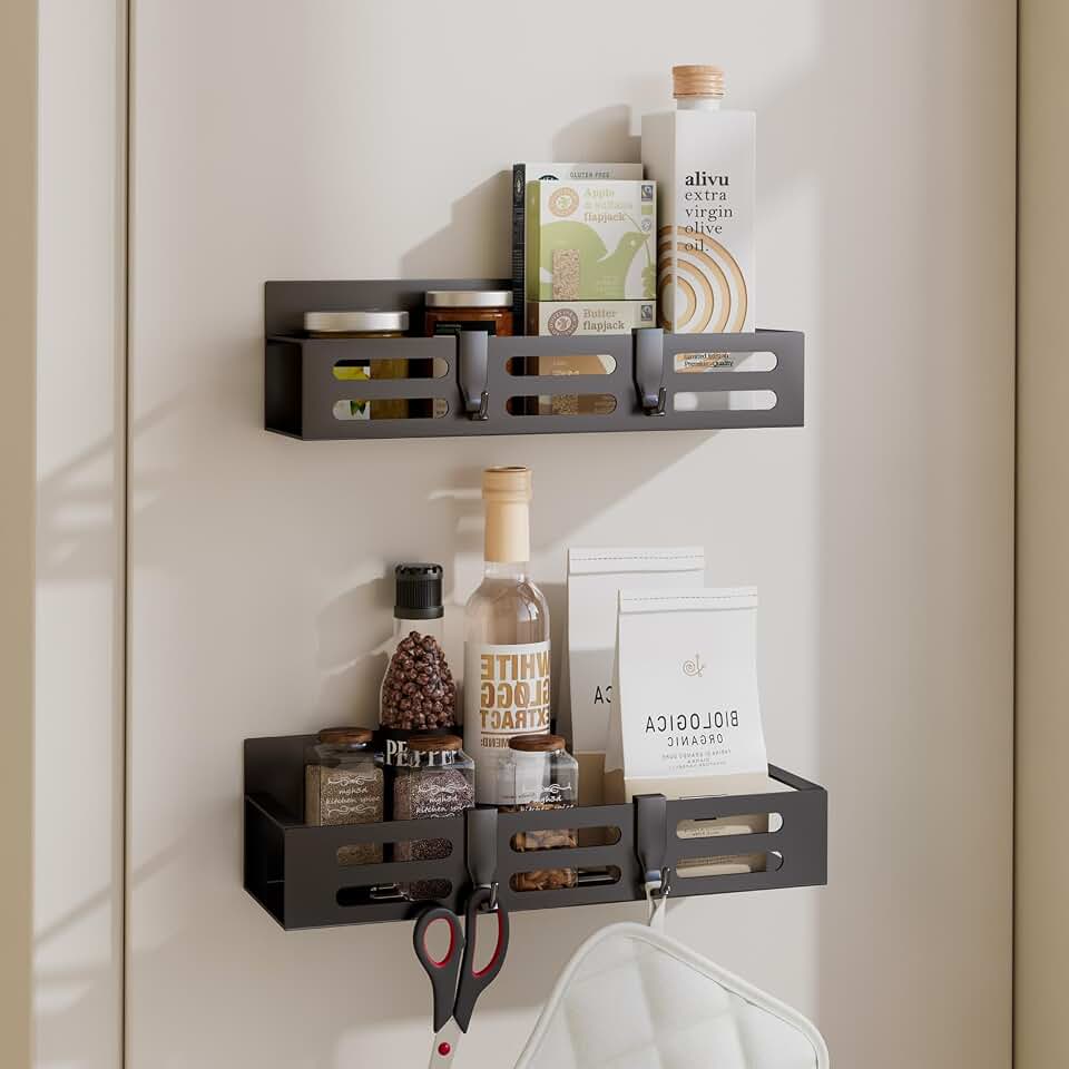SETBAOO 2 Pack Magnetic Spice Rack for Refrigerator, Black Magnetic Shelf and Fridge Kitchen Cabinet Organizers Storage Seasoning Organization Mini Shelves, Organizadores de Cocina