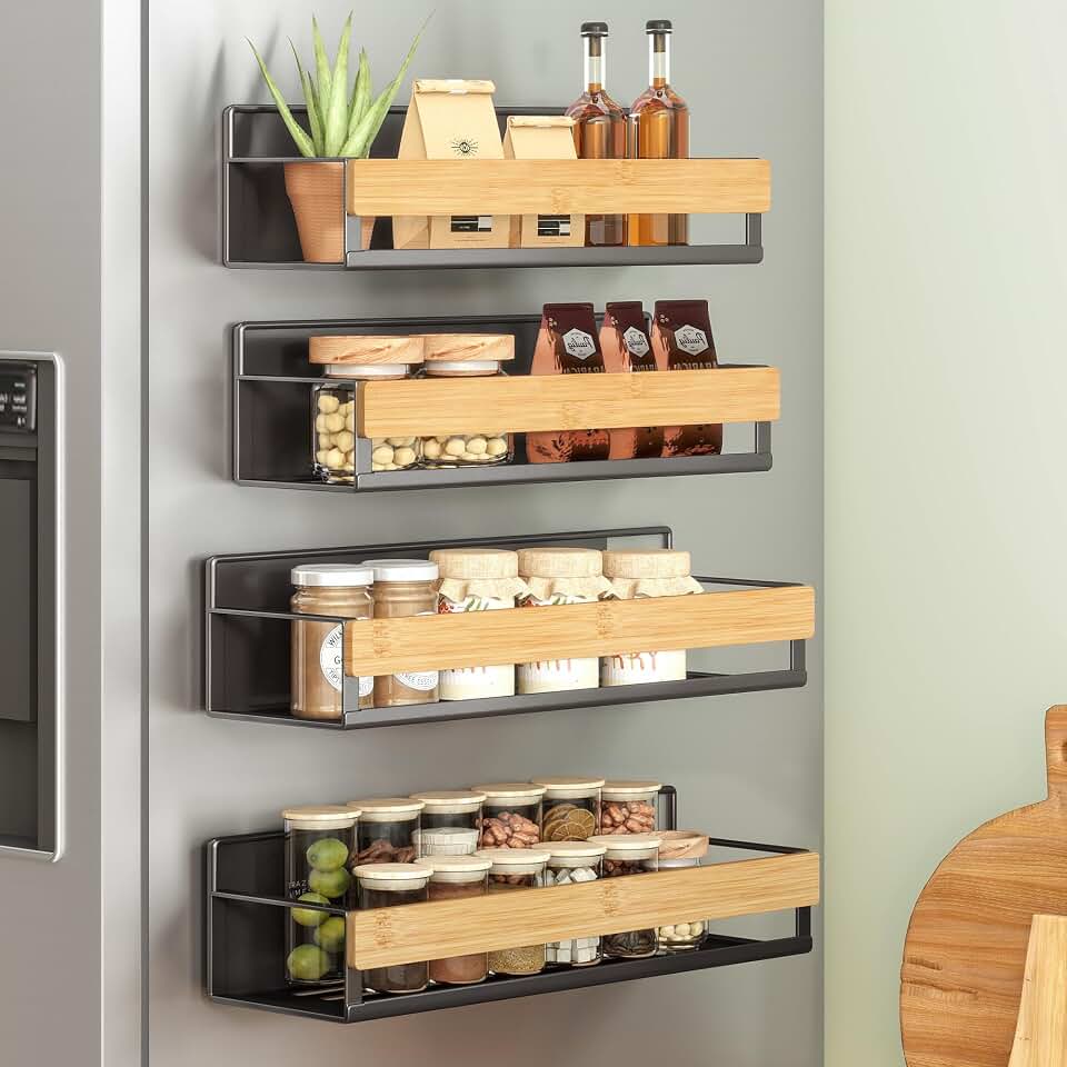 SONGMICS 4-Pack Strong Magnetic Real Bamboo Spice Racks for Fridge | Kitchen Organizer Shelf, 11.8 x 4.1 x 3 / 10.6 x 3.6 x 3 in, Ink Black and Light Bamboo, BYSTRO Collection, UKCS062BH01
