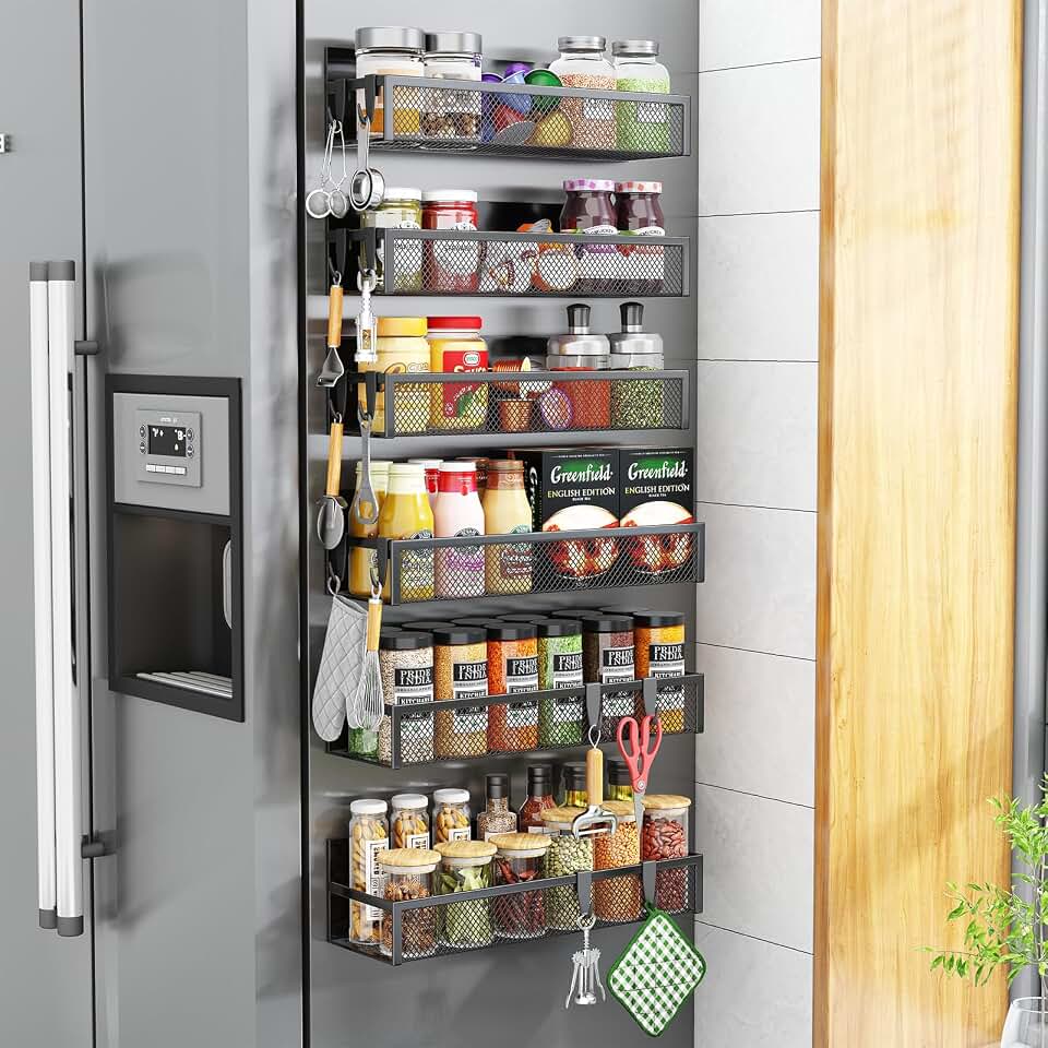 Aufworld Magnetic Spice Rack for Refrigerator, 6 Pack Magnetic Shelf, Fridge Magnet Organizer with Moveable 12 Hooks, Magnetic Fridge Shelf for Kitchen Organization and Storage (6 Pack)