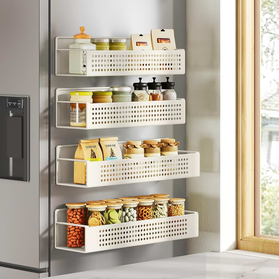 SONGMICS Strong 4 Pack Magnetic Spice Rack for Refrigerator for Organizers | Shelves for Microwave, Washing Machine, 2 Large and 2 Small, Cream White, BEQUE Collection UKCS061W01