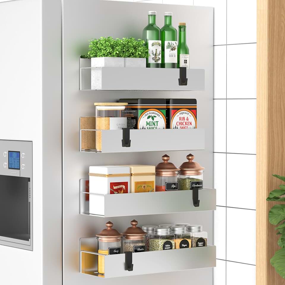 HuggieGems Metal Magnetic Spice Rack for Refrigerator Silver, 4 Pack | Magnetic Shelves Heavy Duty for Fridge in Kitchen, Seasoning Storage Organizer, For Oven Washer and Dryer, For Heavier Items