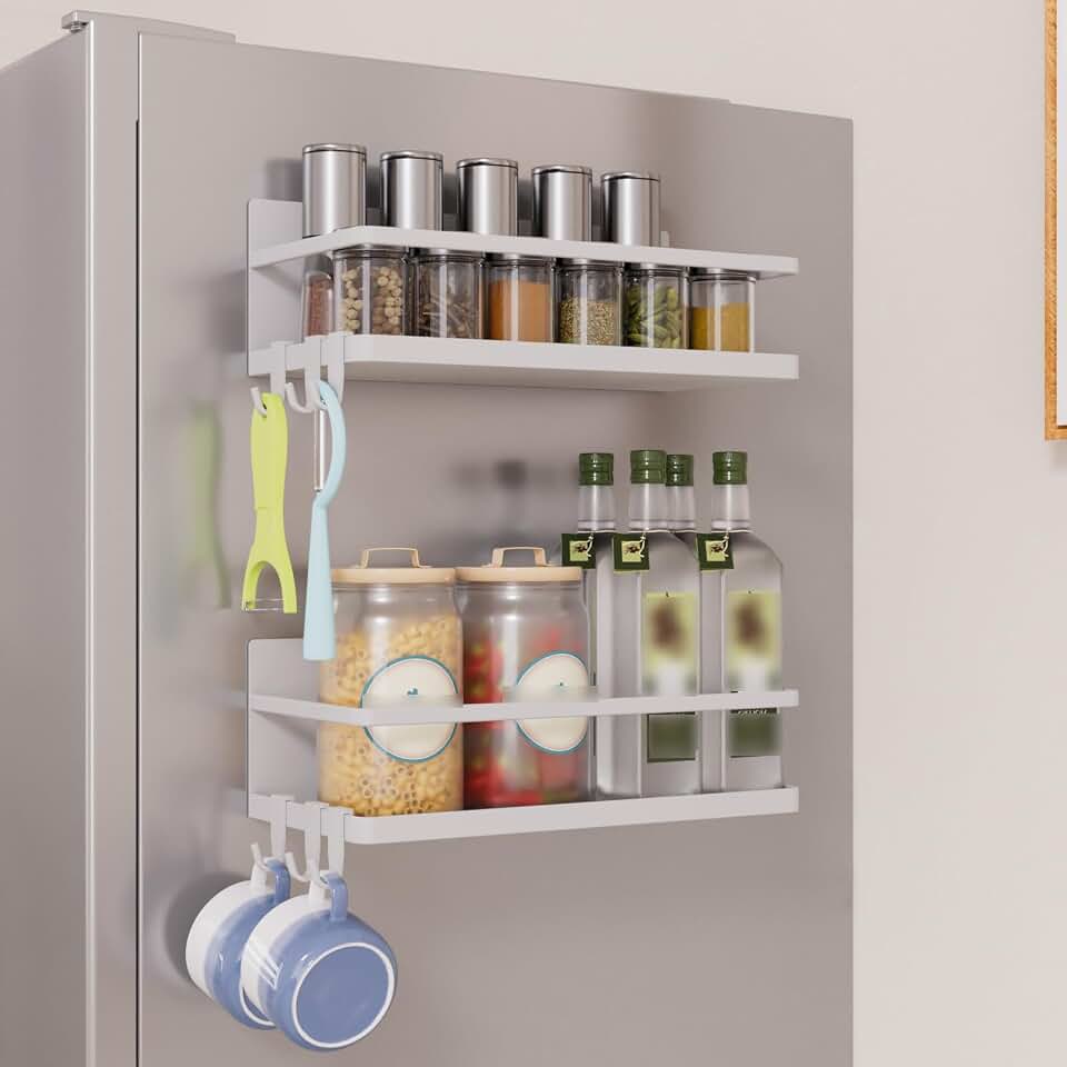 White Magnetic Fridge Spice Rack with 6 Movable Hooks, 2-Pack | Magnetic Fridge Shelf with 6 Movable Hooks. Tool-Free Mount, extra storage for spices &amp; kitchen gadgets.