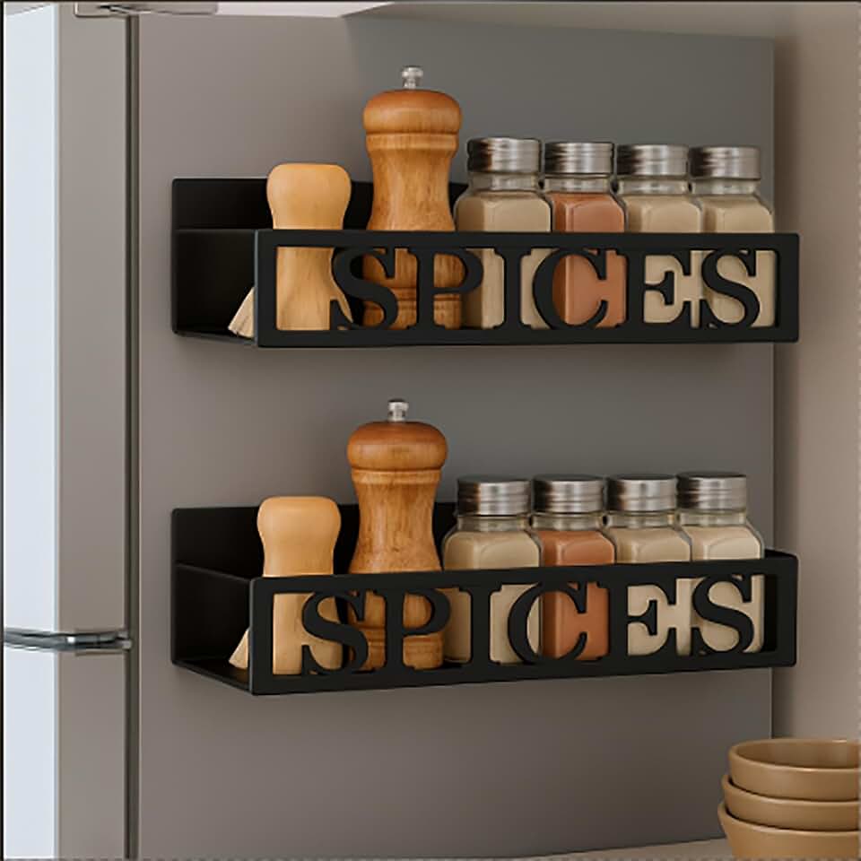 Beeveer 2 Pcs Magnetic Spice Rack for Refrigerator, Black Spices | Magnetic Design, No Drilling, Farmhouse Kitchen Decor Home Accessories, 2 Sizes Metal Storage Shelf for Fridge Spices