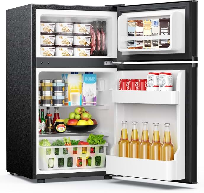 EUHOMY 3.2 Cu.Ft Mini Fridge with Freezer, 2 Door Mini Refrigerator, Black | LED Light, Adjustable Temperature, Adjustable Shelves, Reversible Door, Compressor Cooling, Low Noise, Bedroom Use, Dorm Use