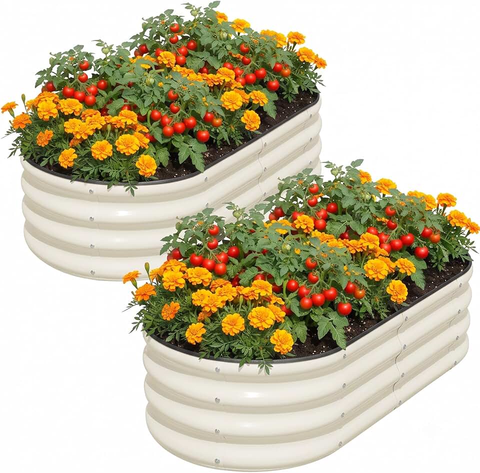 SnugNiture Raised Garden Bed Outdoor 4x2x1ft, 2 Pack | Galvanized Steel, Oval Metal Planter Box, Bottomless, for Planting Plants Vegetables Flowers Herbs, White