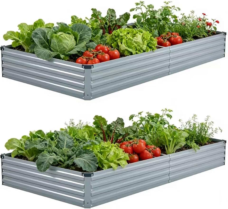 Foxlang 8x4x1ft(2 PCS) Galvanized Raised Garden Bed | Outdoor Planter Box Metal Patio Kit Planting Bed for Vegetables Flowers Herb,Gray