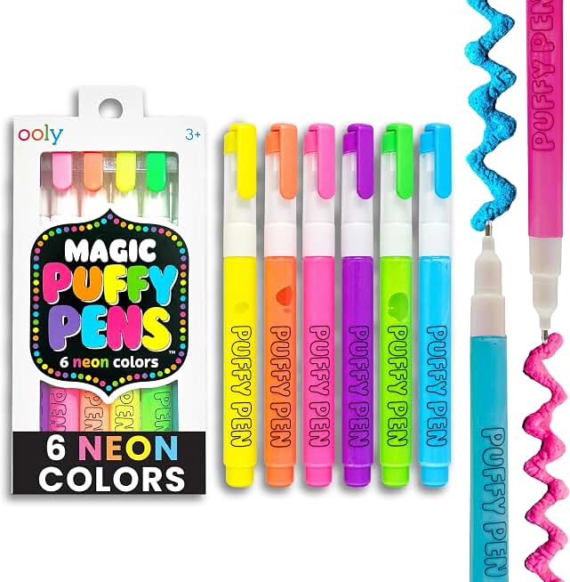 OOLY Magic Puffy Paint Pens, Set of 6 Neon Color Pens | Ages 3+, 3D Ink Creates Textured Puffy Art with Heat, Creative Fun for Kids Arts and Crafts Drawing, Great Gift Idea