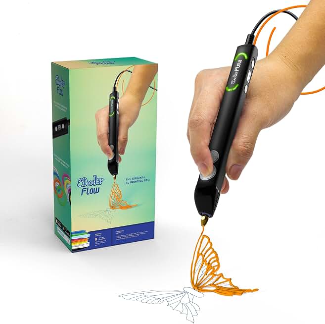 3Doodler Flow 3D Printing Pen for Teens, Adults &amp; Creators – Black, with Free Refill Filaments, Stencil Book &amp; Guide, 3.1 x 10.74 x 4.44 inches