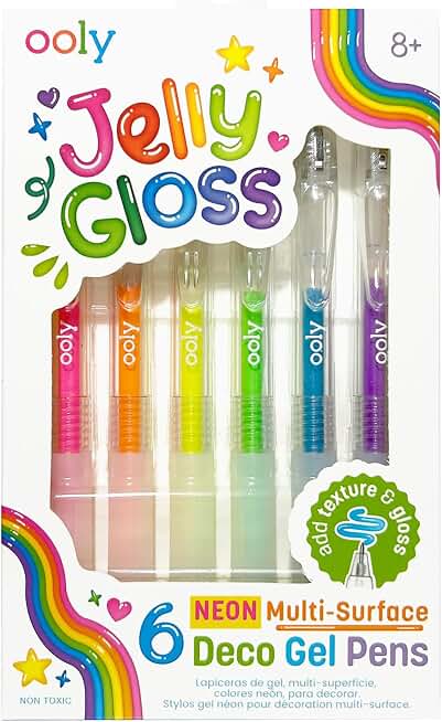 Ooly Jelly Gloss Neon Multi-Surface Deco Gel Pens, Set of 6 | Ages 8+, Retractable, for Black Paper, Glass, and Plastic, Bold 3D Raised Textured Glossy Ink for Arts and Crafts, Great Gift