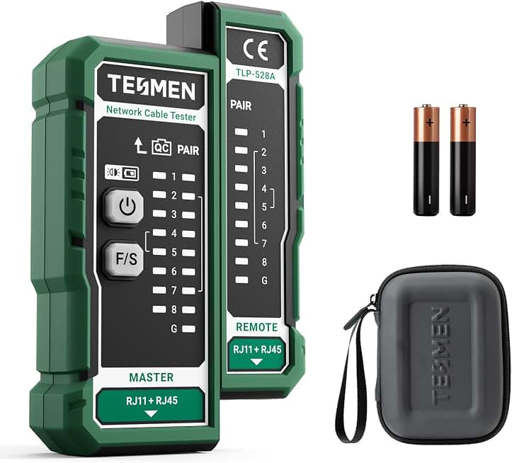 TESMEN TLP-528A Network Cable Tester for RJ11 RJ45, Ethernet Wire Tester for LAN &amp; TEL Continuity and QC Test, for CAT5/CAT6/CAT7, Suitable for Cable Maintenance and Sorting - Green