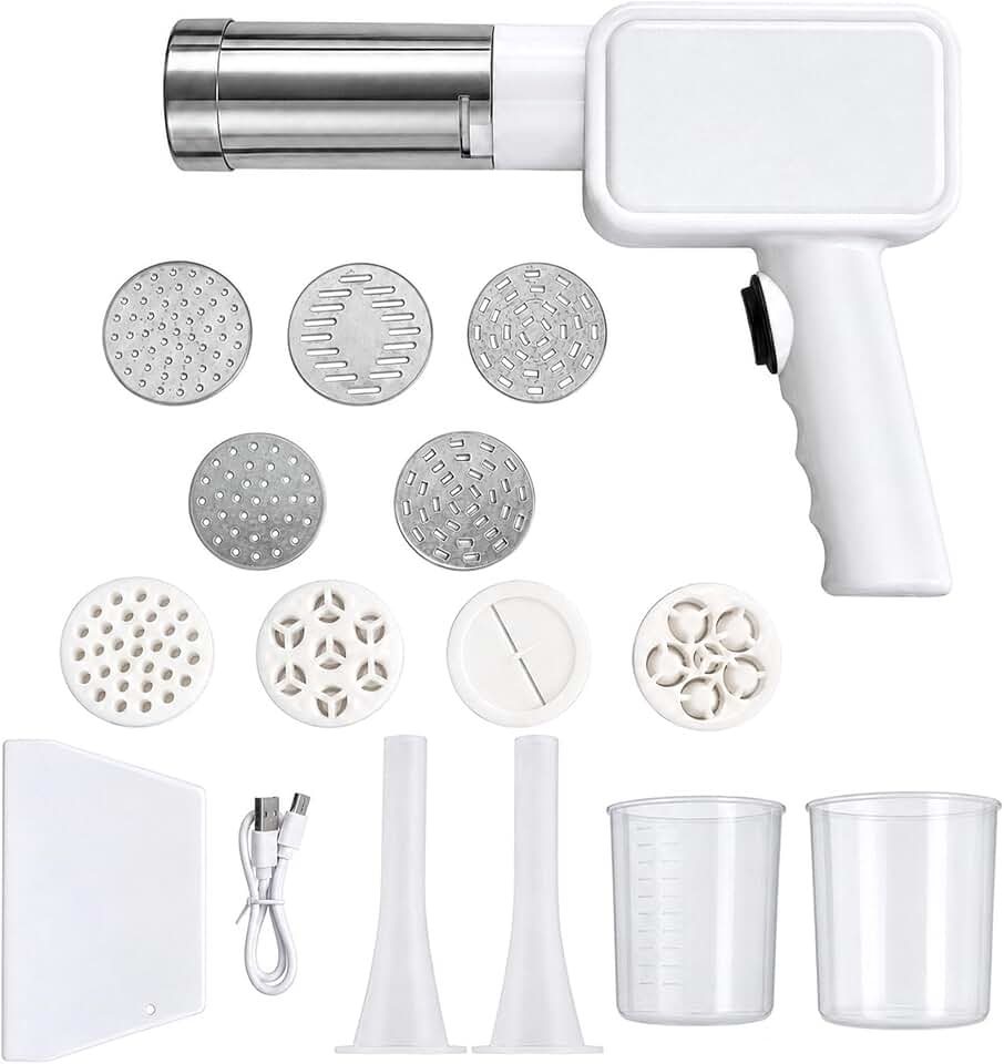Electric Pasta Machine, Cordless Handheld Noodle Maker | Potato Ricer 9-in-1 Automatic Noodle Maker Machine with Powerful Motor, Machine for Kitchen Home Pasta Machine (White)