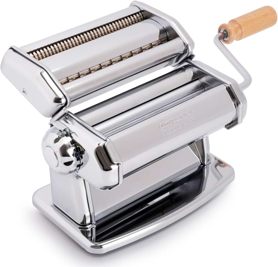 Imperia Pasta Maker Machine- 100% Made in Italy, Heavy Duty Steel Construction, Easy Lock Dial, Wood Grip Handle &amp; Cleaning Brush- Fresh Homemade Italian Spaghetti Fettuccine or Lasagna (Classic Line)