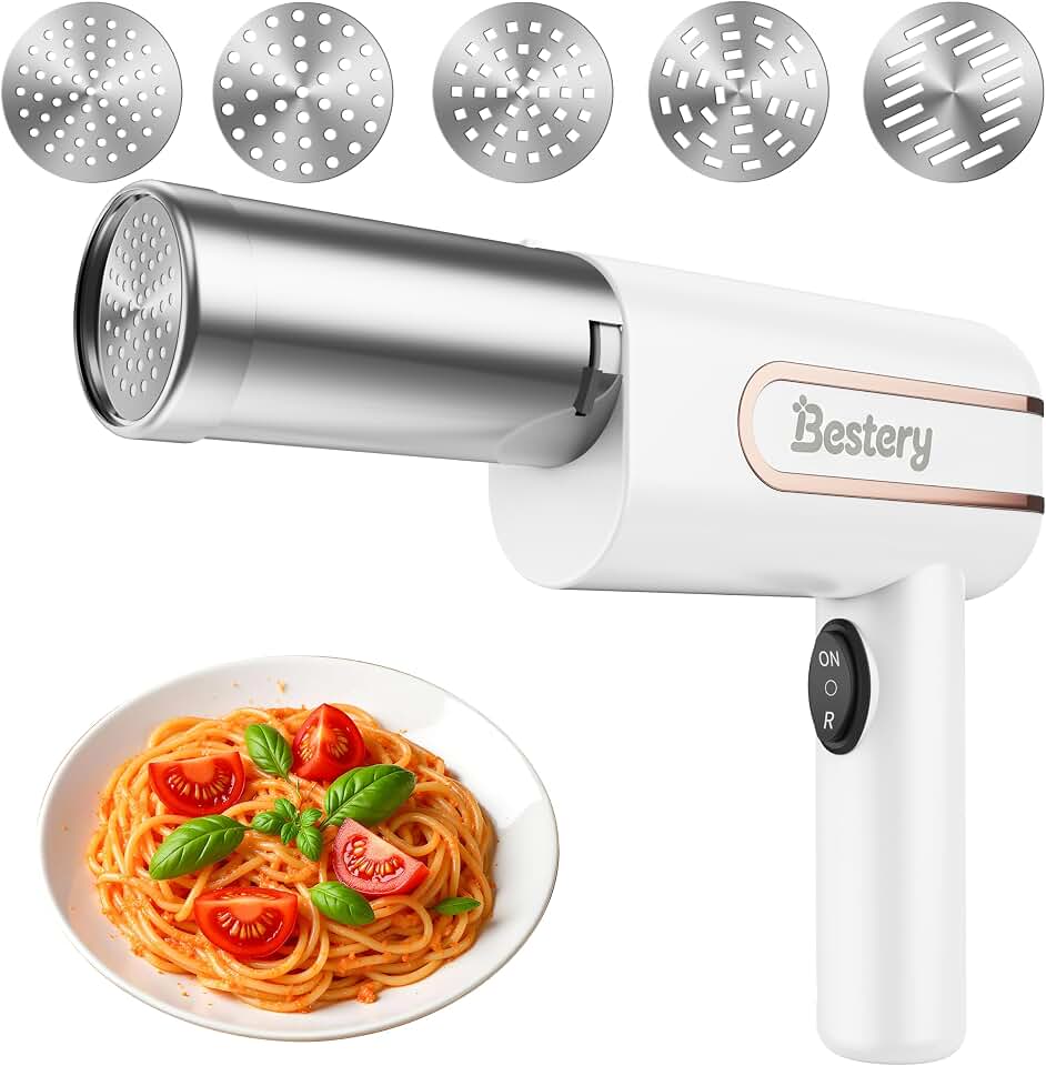5 in 1 Electric Pasta Maker Machine, Upgraded Powerful Motor | 30s Quick Noodle Maker, Compact Cordless Handheld Pasta Maker Gun, All-in-One Automatic Maker for Kitchen Home Restaurant