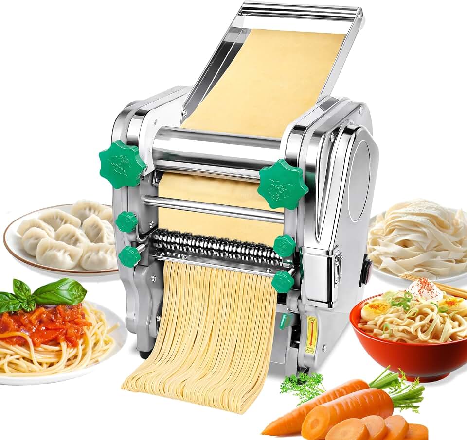 2-in-1 Commercial Electric Pasta Maker Machine, Automatic Noodle Machine Thickness Adjustable 3-9mm, Stainless Steel Dough roller, 750W Heavy Duty Dough Roller Pressing Machine