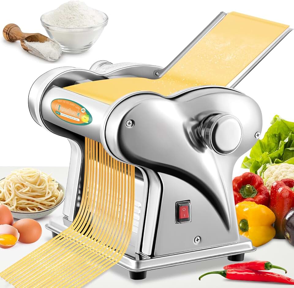 Newhai Electric Pasta Maker, Stainless Steel 135W for Home, 2 Noodle Sizes | 0.5-3mm Adjustable Thickness, 1.5mm/4mm Noodles, Dough Press &amp; Cut, 11lb/h, for Spaghetti Fettuccine, 430 Steel, 110V