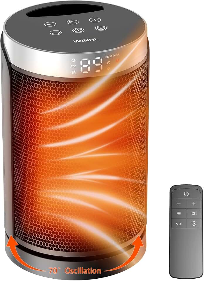 Space Heater, WINHL Portable Electric Heaters for Indoor Use,70°Oscillation | Thermostat, Remote Control, 12H Timer, 5 Modes, Small Quiet 1500W PTC Ceramic Fast Safety Heat for Office, Bedroom, Home