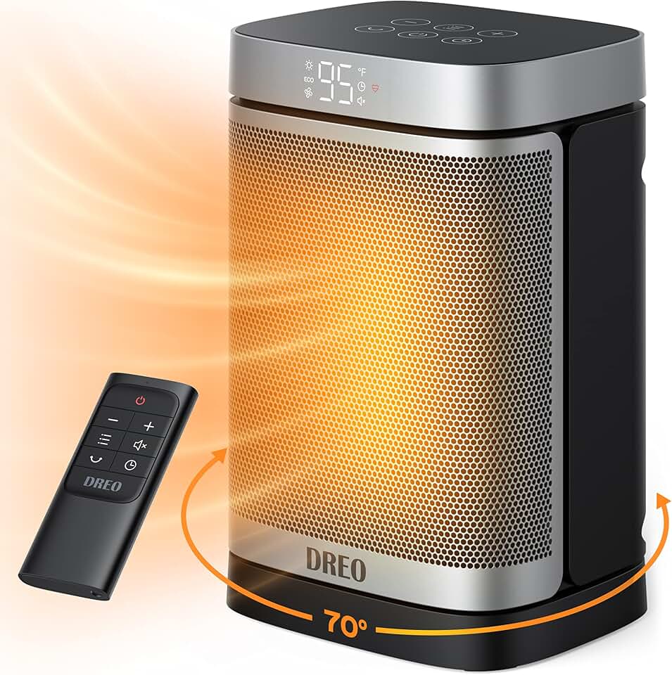 DREO Space Heater, Portable Electric Heaters for Indoor Use with Thermostat | 70°Oscillation, Remote, ECO, 12H Timer, 5 Modes, Safe Quiet Room Heater for Bedroom, 1500W PTC Ceramic Heater for Office